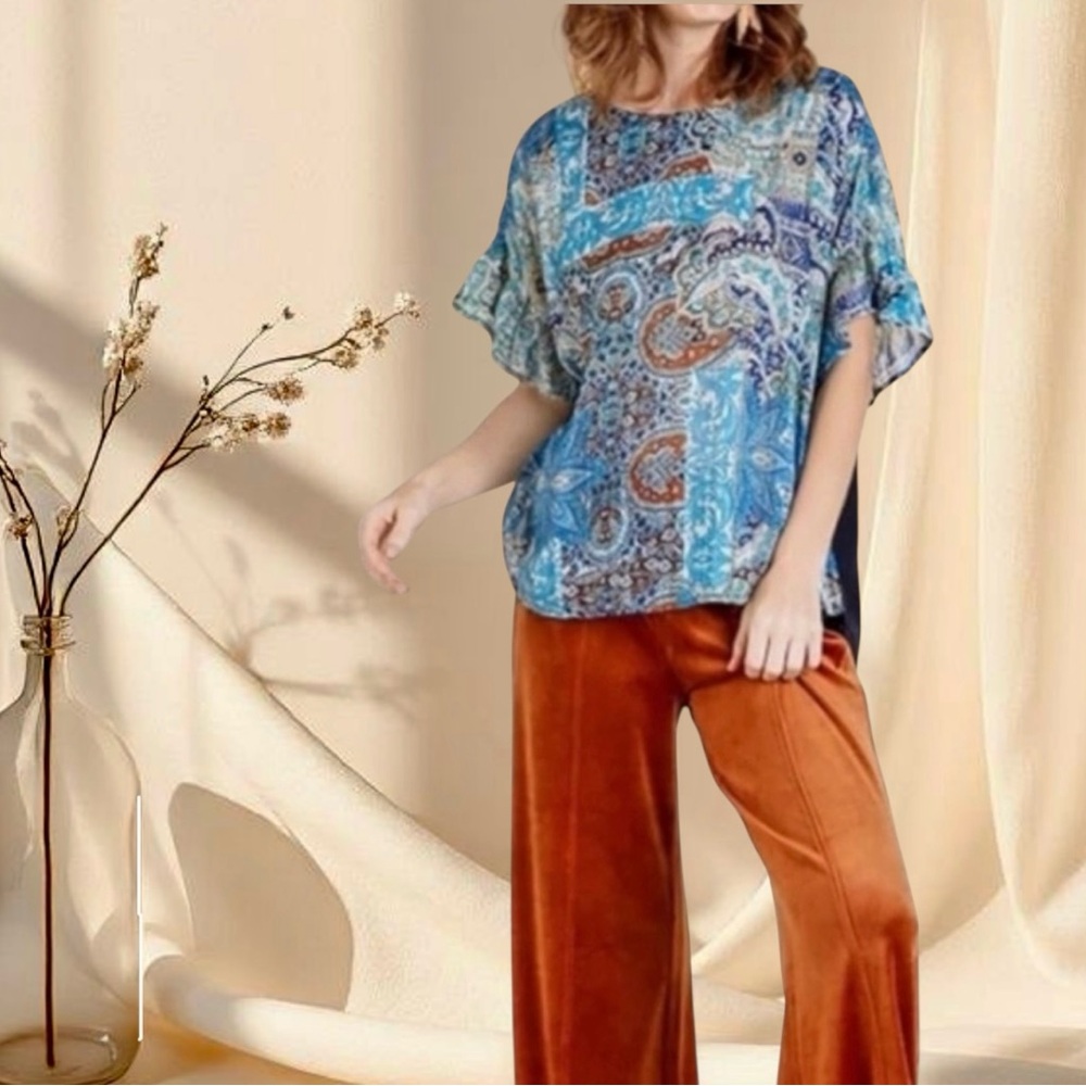UMGEE Boho Metallic Flutter Sleeve Top | Navy & Gold Shimmer